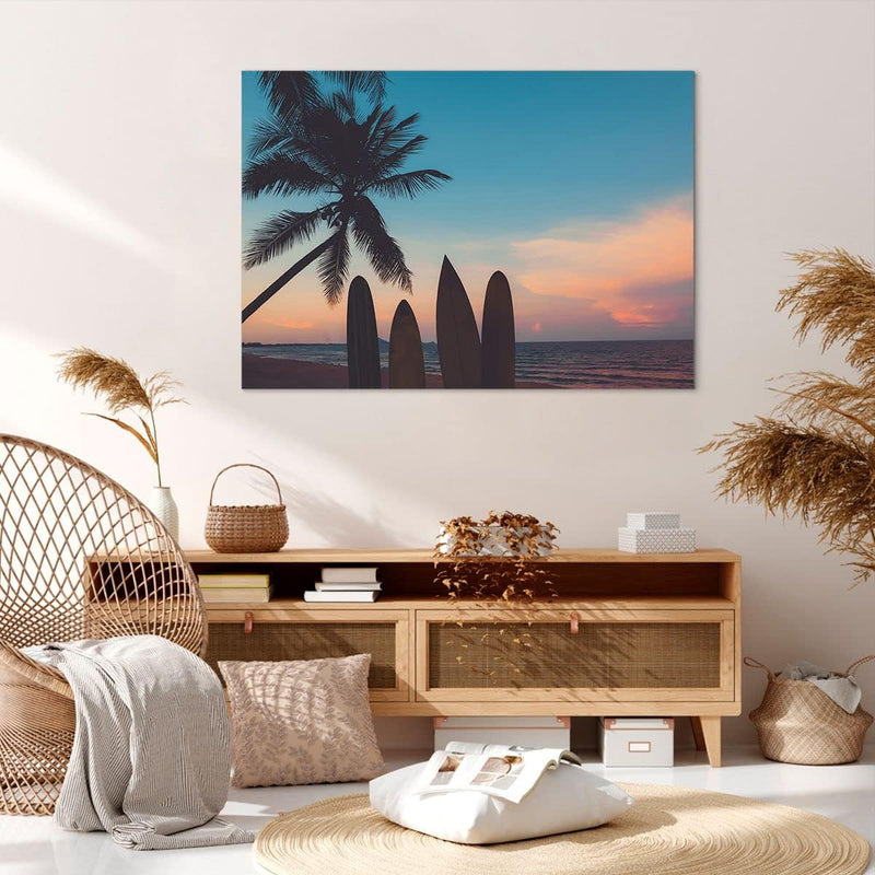 Bilder auf Leinwand 100x70cm Leinwandbild mit Rahmen Strand Meer Palme Gross Wanddeko Bild Schlafzim