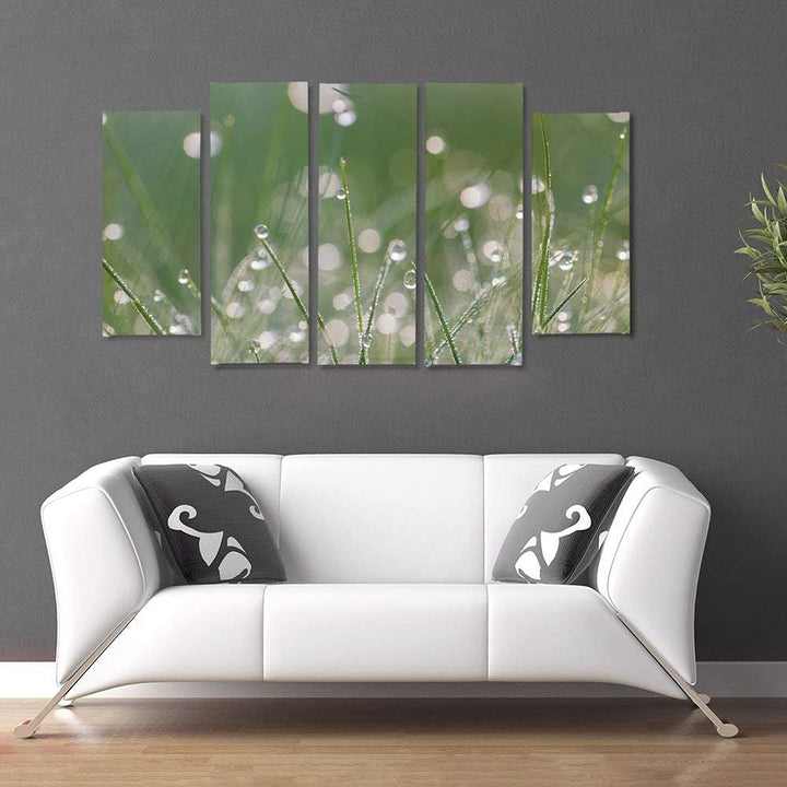 Feeby Frames, Leinwandbild Bilder Wand Bild - 5 Teile - Wandbilder Kunstdruck (TAUTROPFEN GRAS, GRÜN