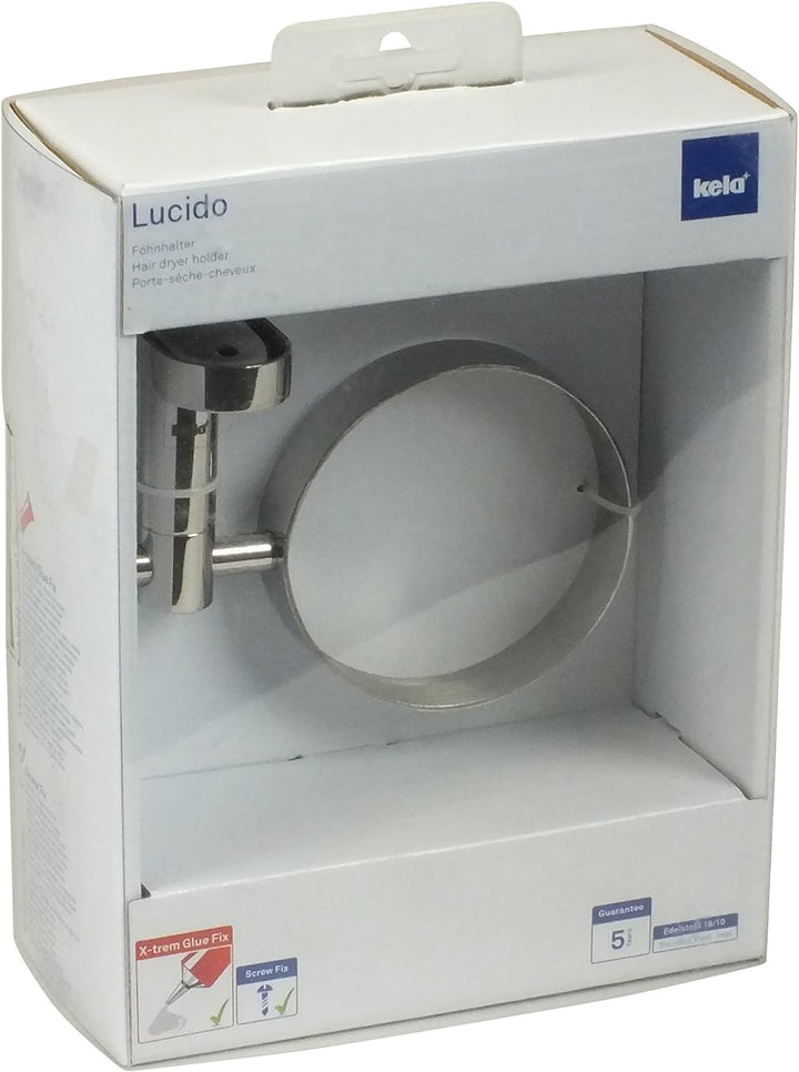 Kela 22678, Fönhalter, Zum Kleben oder Bohren, Edelstahl 18/10/ Glas, Ø 9cm, 14x 11x 6 cm, Lucido, S