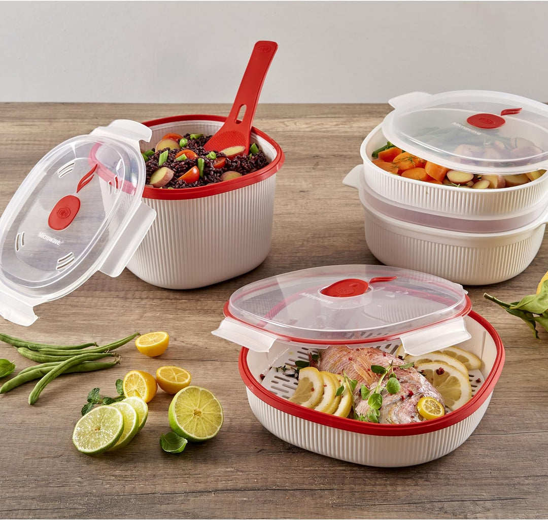 Snips | Set 5-teilig Mikrowellenbehälter | Dampfgarer 4 L, Dampfgarer 2 L, Reiskocher, Eier- und Ome