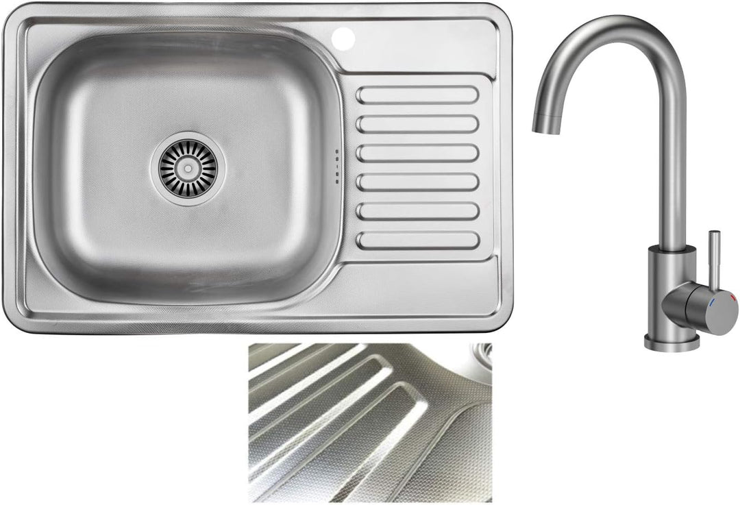 VBChome Einbauspüle mit Armatur 66x42 Leinenstruktur Edelstahl Küchenspüle Spüle Ablagefläche Abtrop
