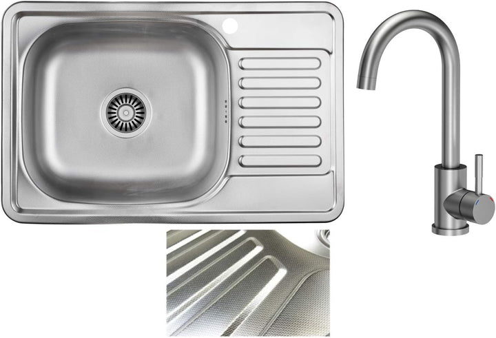 VBChome Einbauspüle mit Armatur 66x42 Leinenstruktur Edelstahl Küchenspüle Spüle Ablagefläche Abtrop