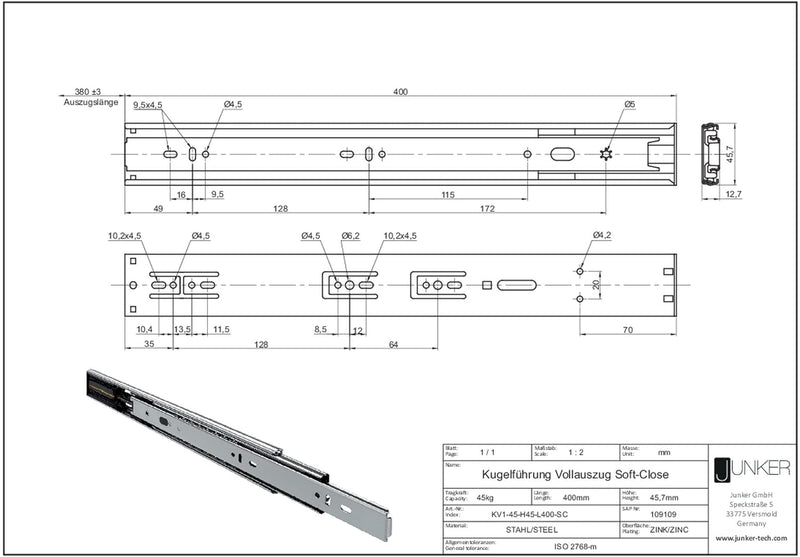 Junker 2 Paar Vollauszüge KV1-45-H45- L400-SC 400 mm mit Selbsteinzug u. Dämpfung (SoftClose) Kugelf