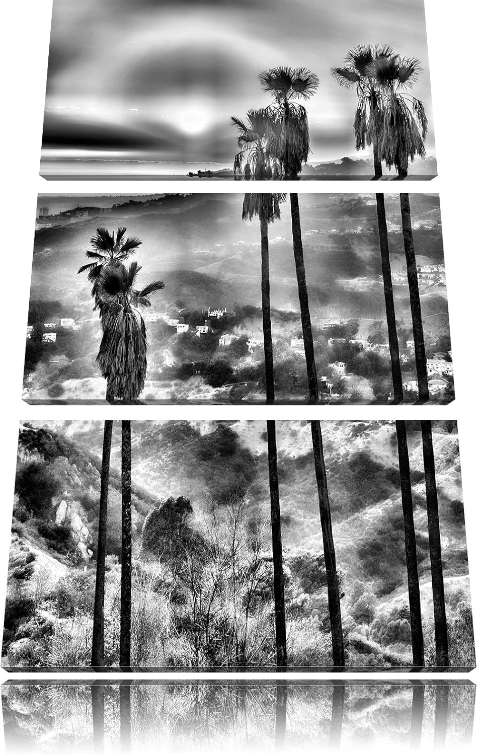 Pixxprint Palmen im Sonnenuntergang / 3-Teilig/Gesamtmass 120cm Leinwandbild bespannt auf Holzrahmen