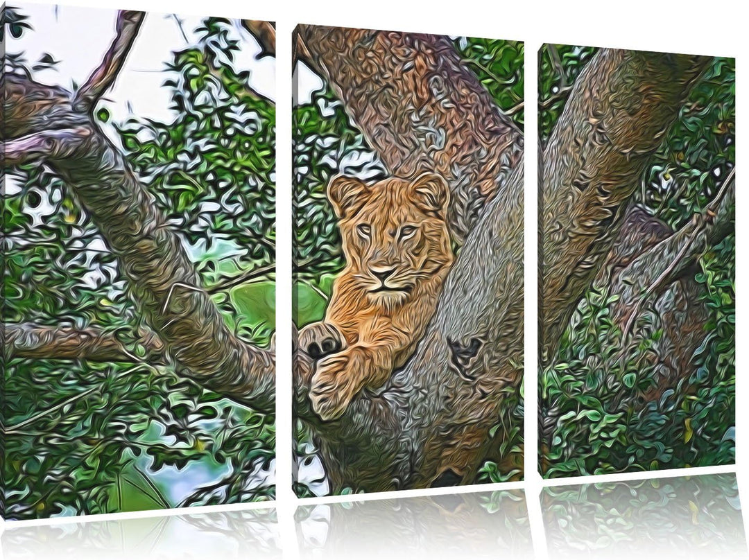 schöne Löwin auf Baum NewArt 3-Teiler Leinwandbild 120x80 Bild auf Leinwand, XXL riesige Bilder fert