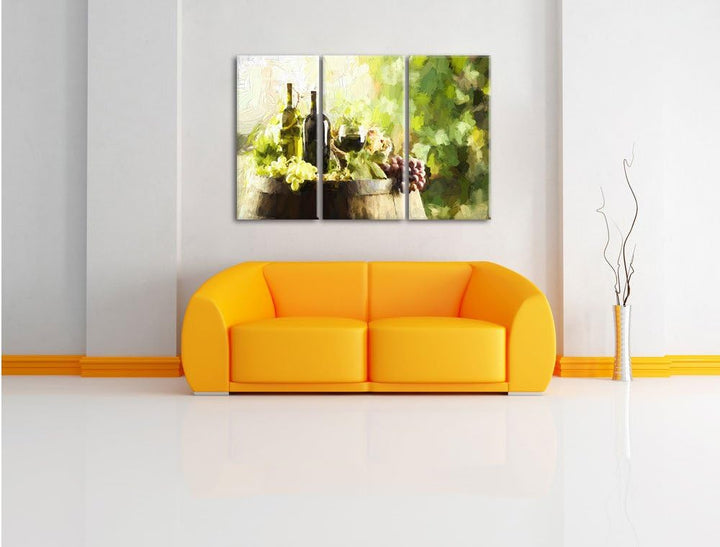 Pixxprint Wein mit Weintrauben auf Fass / 3-Teilig/Gesamtmass 120cm Leinwandbild bespannt auf Holzra
