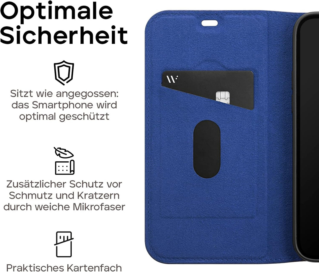 WIIUKA Hülle für iPhone 14 Plus, Leder aus Deutschland, mit Kartenfach, extra Dünn, Handyhülle mit S