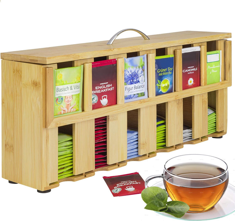 ONVAYA® Teebox aus Holz | Teekiste mit 6 Fächern | Teebeutelbox für ca. 200 Teebeutel | Tee Aufbewah