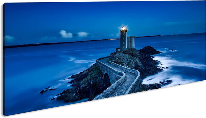 Leuchtturm bei Nacht Panorama 120x60 cm als Leinwandbild, Motiv fertig gerahmt auf Echtholzrahmen, H