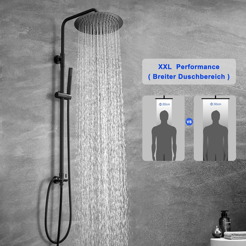 JOHO 304 Edelstahl Duschsystem ohne Armatur, Matt Schwarz Regendusche Duschset mit Wandhalterung, Du