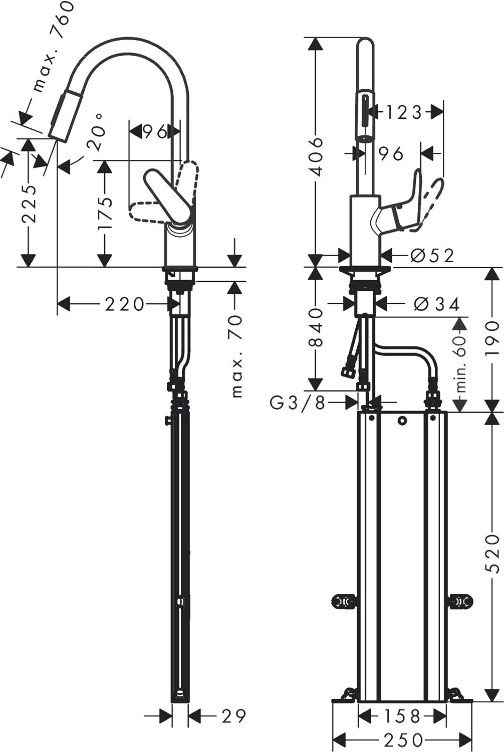 hansgrohe Focus Küchenarmatur (Wasserhahn Küche mit Schlauchbox, 150° schwenkbar, ausziehbare Brause