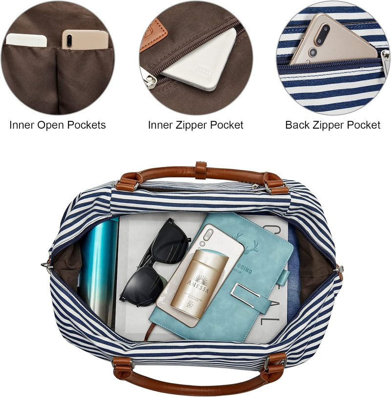 S-ZONE Damen Weekender Reisetasche 33/45 L Canvas Tasche Übergrösse Duffel Taschen mit PU-Lederband