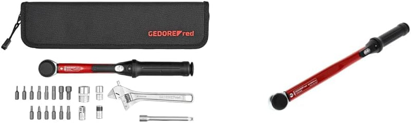 GEDORE red Fahrrad Werkzeugset mit 1/4" Drehmomentschlüssel, 21-teilig, 2,5-25 Nm, 3/8" Adapter, Kar