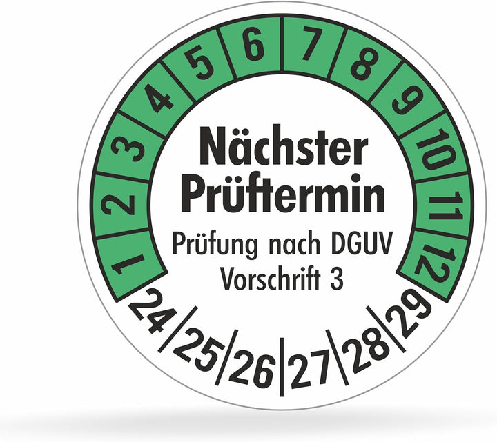 560 Prüfplaketten 20mmØ DGUV V3 "Nächster Prüftermin" 2024-2029, selbstklebend, Prüfaufkleber, E-Che