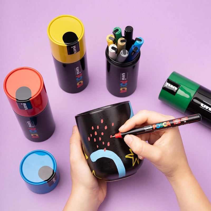 Posca - UniPosca Komplettes Set mit 9 Filzstiften, feine Spitze, 0,7 mm, sortiert für Schreibwaren u