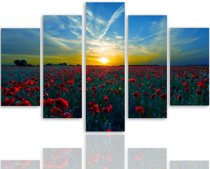 Feeby Bilder Mohnblumen 150x100 cm - Leinwandbild 5 Teilig XXL Kunstdruck Wiese blau Leinwandbild XX