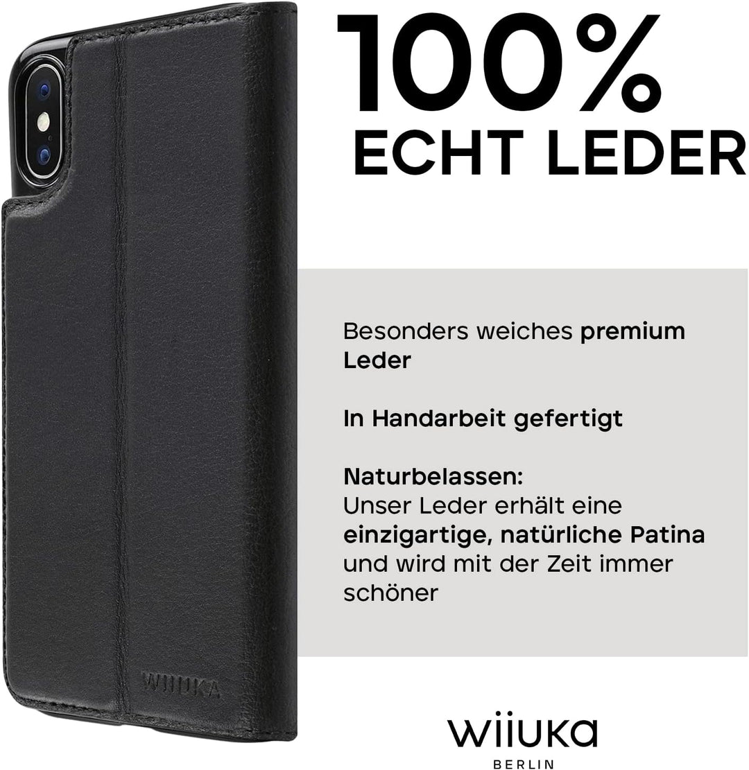 WIIUKA Echt Ledertasche - TRAVEL - für Apple iPhone X und XS mit Kartenfach, kabelloses Laden Qi, ex