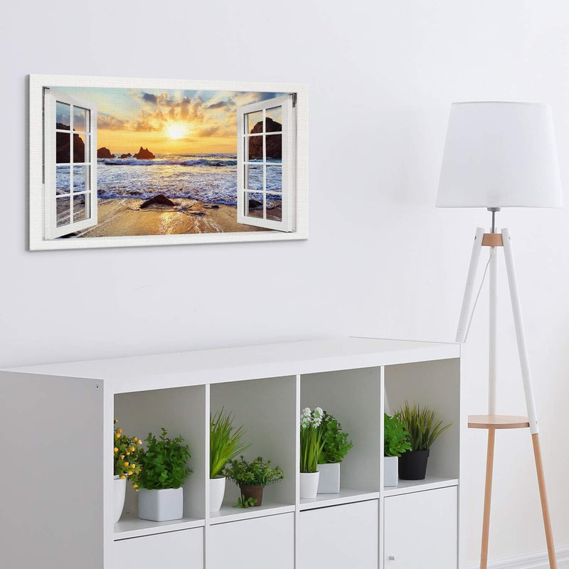 PICANOVA – Bild auf Leinwand Felsiger Strand Sonnenuntergang Fenster 100x50cm – Leinwandbild – Premi