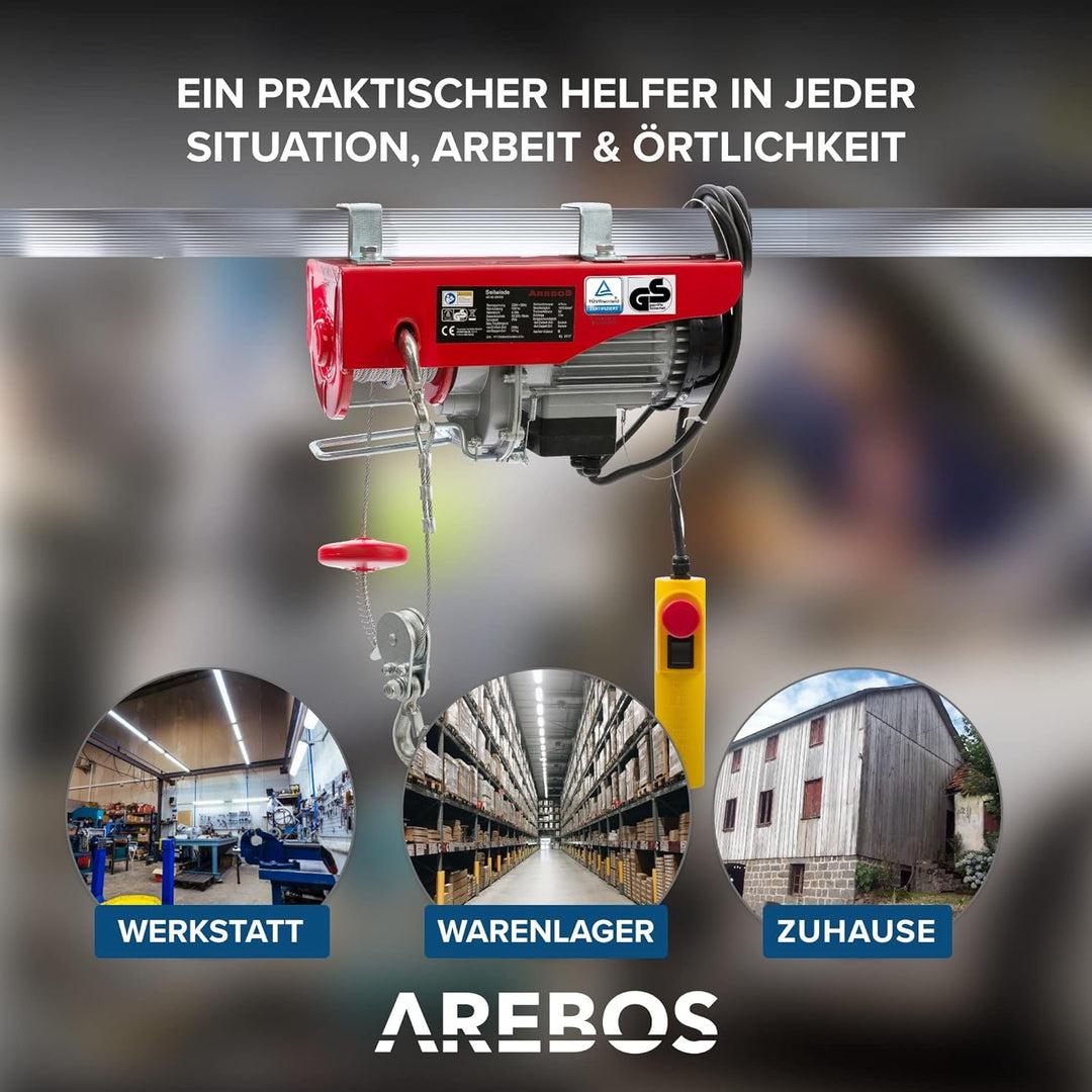 Arebos Elektrische Seilwinde | Seilzug | Heber-Kran | Seilhebezug | Seilaufzug 1000W | Motorwinde mi