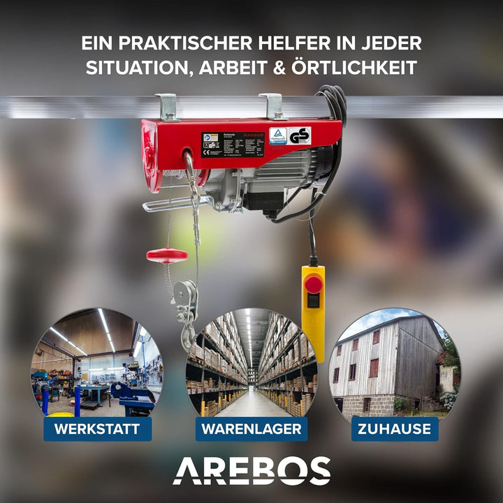 Arebos Elektrische Seilwinde | Seilzug | Heber-Kran | Seilhebezug | Seilaufzug 1000W | Motorwinde mi