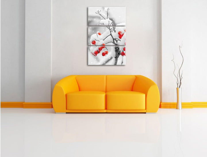 Pixxprint Rote Vogelbeeren im Winter 3-Teiler Leinwandbild 120x80 Bild auf Leinwand