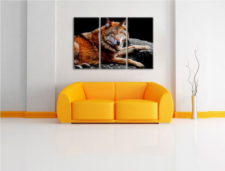 Dark stolzer Wolf auf Stein schwarz/weiss Deluxe 3-Teiler Leinwandbild 120x80 Bild auf Leinwand, XXL