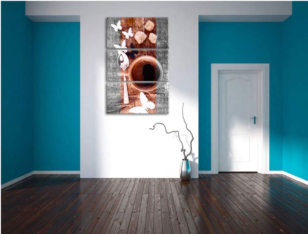 schmackhafter Kaffee mit Schmetterlingsdeko schwarz/weiss 3-Teiler Leinwandbild 120x80 Bild auf Lein