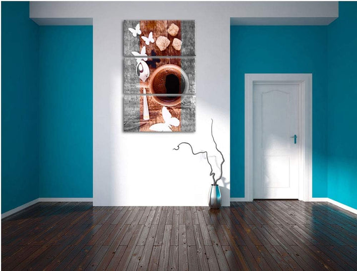 schmackhafter Kaffee mit Schmetterlingsdeko schwarz/weiss 3-Teiler Leinwandbild 120x80 Bild auf Lein