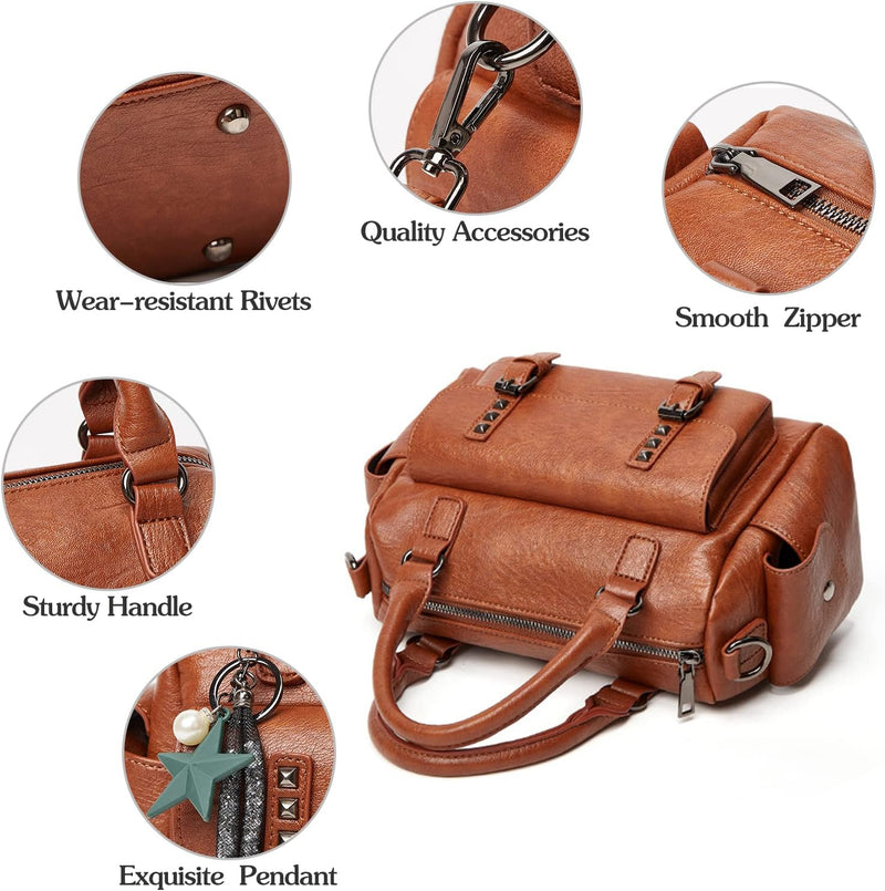 PORRASSO Retro Handtasche Damen Umhängetaschen Frauen Schultertaschen mit Anhänger Wasserdicht PU-Le