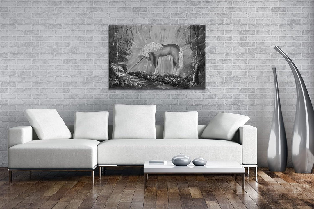 deyoli glänzendes Einhorn Format: 80x60 Effekt: Schwarz&Weiss als Leinwandbild, Motiv fertig gerahmt