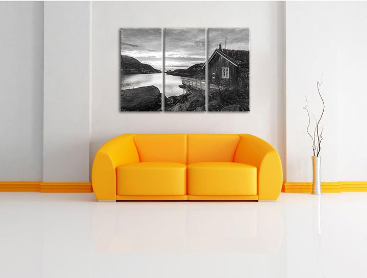 Pixxprint Sonnenaufgang am Fjord Norwegens / 3-Teilig/Gesamtmass 120cm Leinwandbild bespannt auf Hol