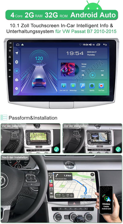 JHUNHUA Android 11 2GB+32GB 9 Zoll Autoradio für VW Passat B7 Passat B7 2010-2015 mit Silber Blende,