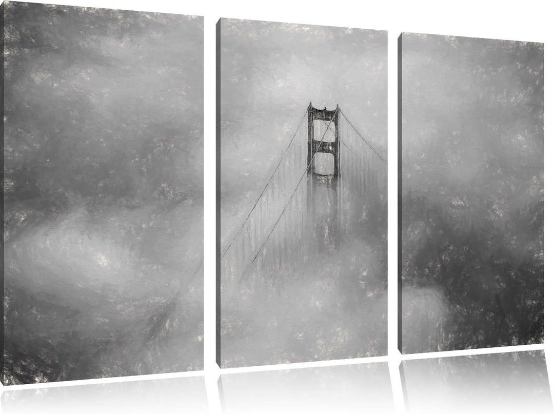 Pixxprint Golden Gate Bridge über den Wolken / 3-Teilig/Gesamtmass 120cm Leinwandbild bespannt auf H