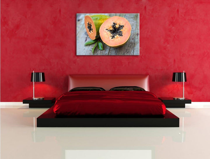 Pixxprint Genüssliche Papaya aufgeschnitten als Leinwandbild/Grösse: 100x70 / Wandbild/Kunstdruck/fe