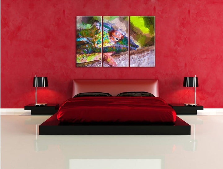 Pixxprint Chamäleon aus Madagaskar Kunst / 3-Teilig/Gesamtmass 120cm Leinwandbild bespannt auf Holzr