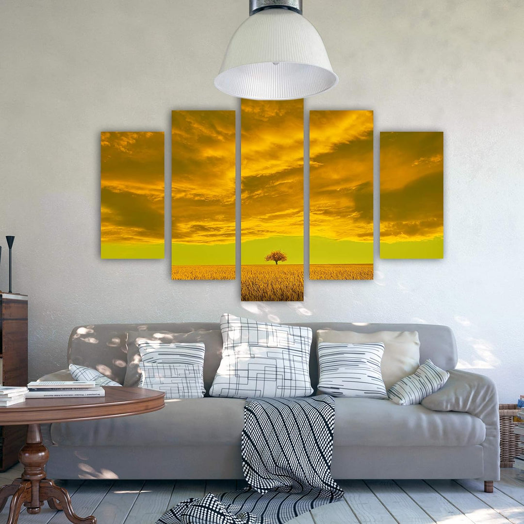 Feeby Bilder Abstrakt 300x140 cm - Leinwandbild 5 Teilig XXL Kunstdruck Wiese Wolke orange Leinwandb
