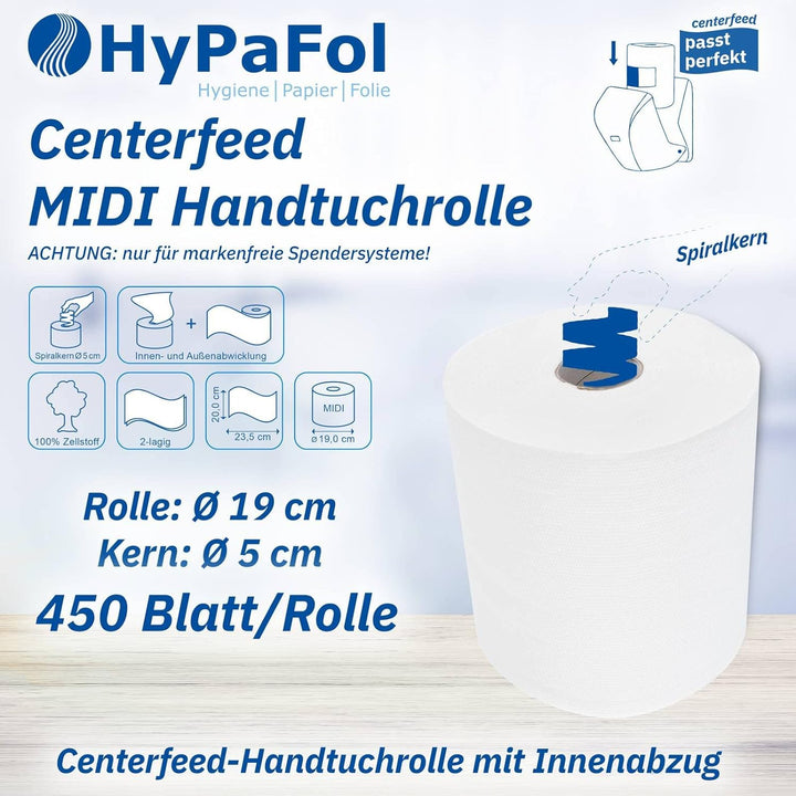Hypafol Handtuchrolle aus Zellstoff | 2-lagig, 6 Rollen, hochweiss,20 x 23,5 cm, Ø19 cm |mit bequeme