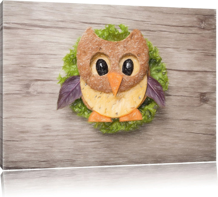 Pixxprint das lustige Eulen Sandwich Kunst Buntstift Effekt, Format: 100x70 auf Leinwand, 100x70