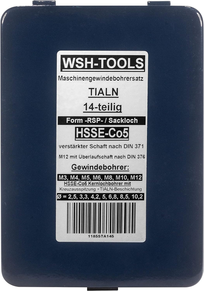 WSH-TOOLS Maschinengewindebohrer Set Sackloch M3, M4, M5, M6, M8, M10, M12 HSSE-Co5 Metallkassette 1