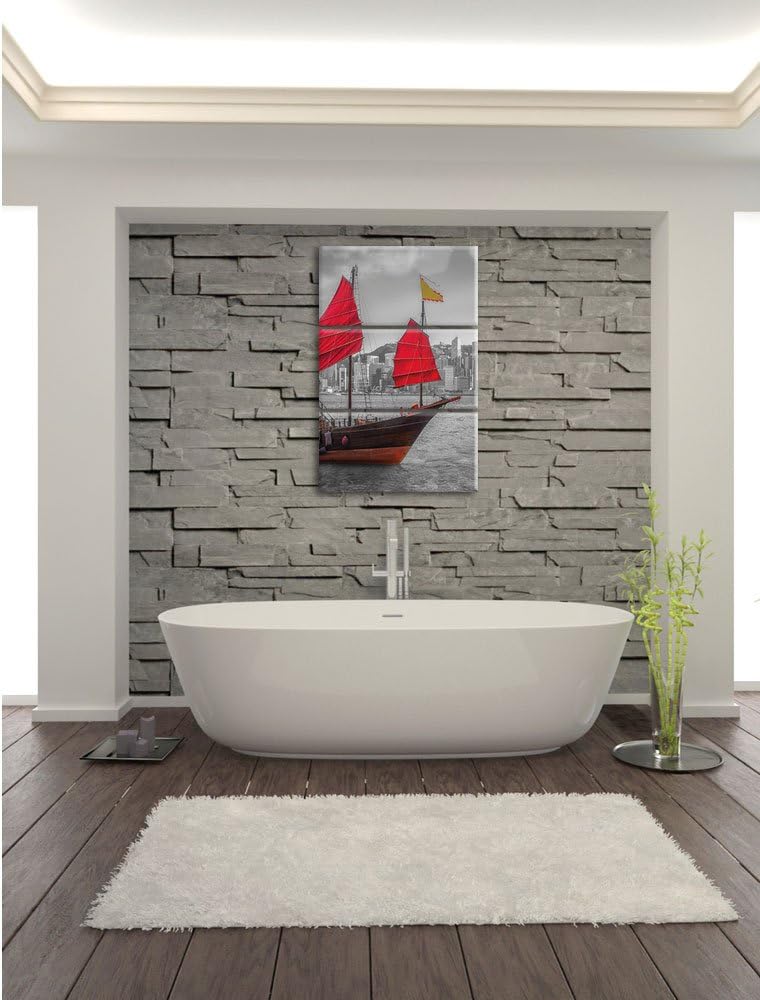 Pixxprint Segelschiff mit roten Segeln als Leinwandbild/Grösse: 3 Teilig (120x80 cm) cm/Wandbild/Kun