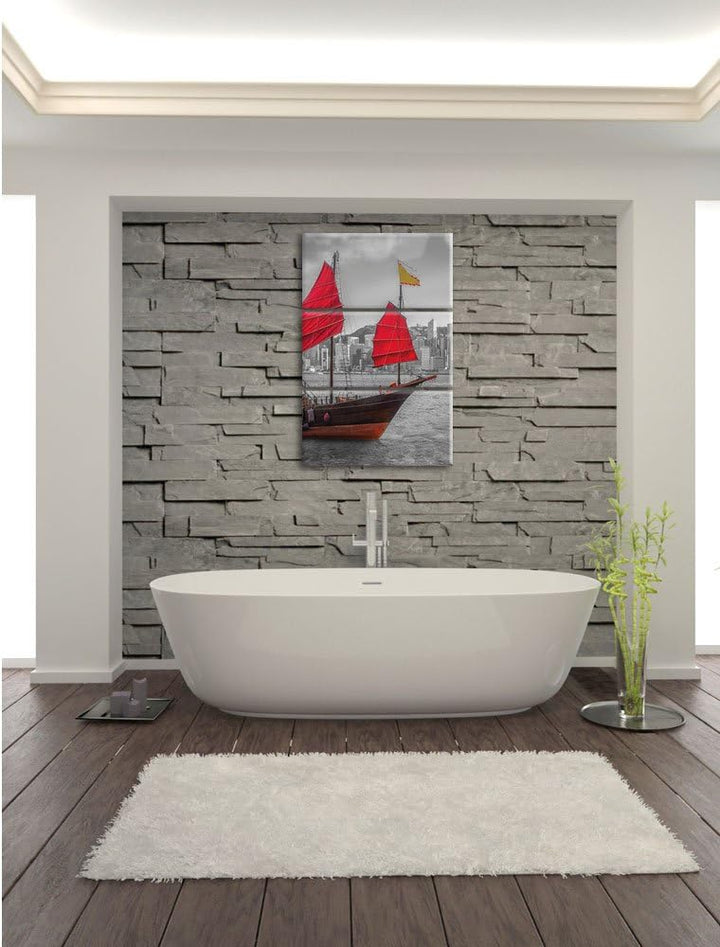 Pixxprint Segelschiff mit roten Segeln als Leinwandbild/Grösse: 3 Teilig (120x80 cm) cm/Wandbild/Kun