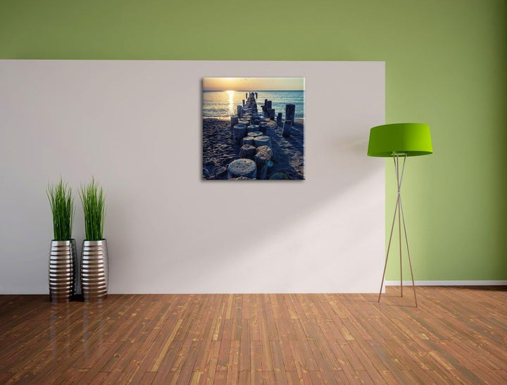 Baumstümpfe am Meer, Format: 70x70 auf Leinwand, XXL riesige Bilder fertig gerahmt mit Keilrahmen, K