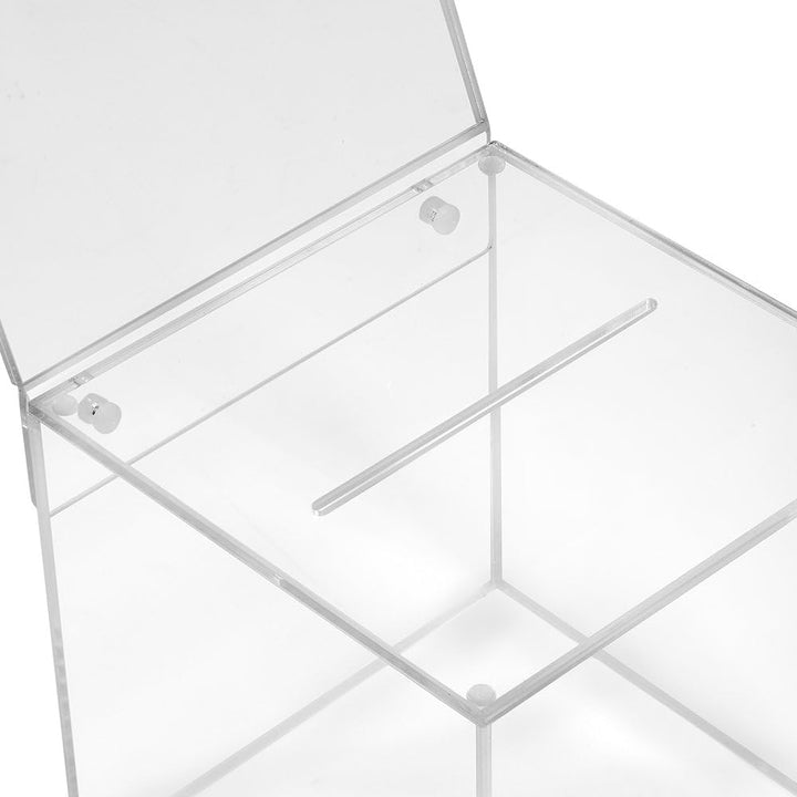 Losbox aus Acrylglas in 150x150x150mm mit Topschild DIN A6 Quer - Zeigis® / Spendenbox/Aktionsbox/Ge