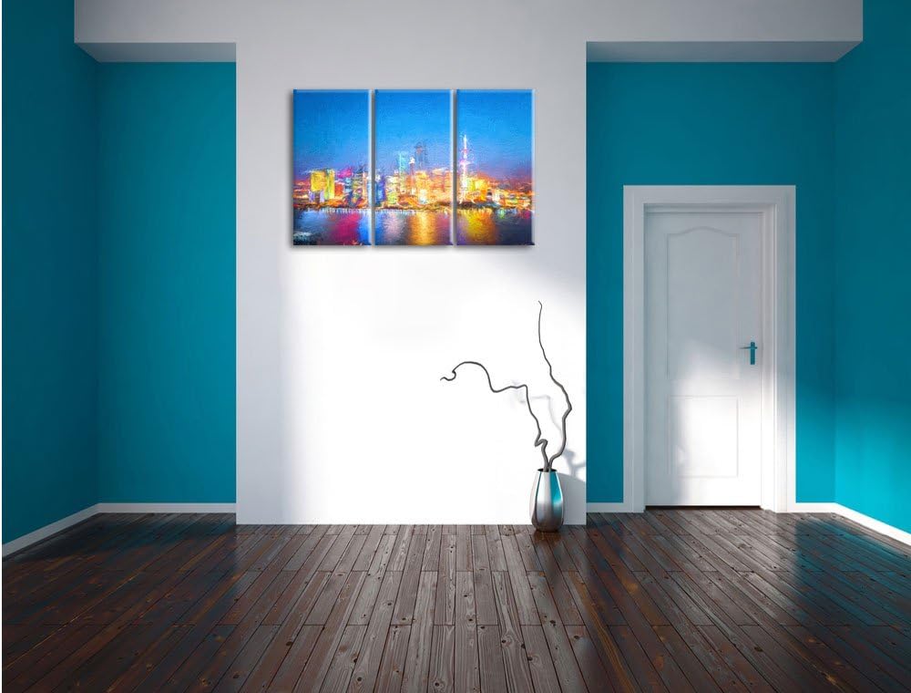 Pixxprint Skyline von Shanghai Bunstift Effekt 3-Teiler Leinwandbild 120x80 Bild auf Leinwand