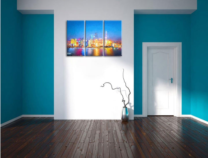 Pixxprint Skyline von Shanghai Bunstift Effekt 3-Teiler Leinwandbild 120x80 Bild auf Leinwand