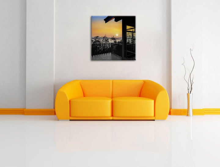 Pixxprint Aussicht auf Sonnenuntergang über See schwarz/weiss, Format: 70x70 auf Leinwand, 70x70