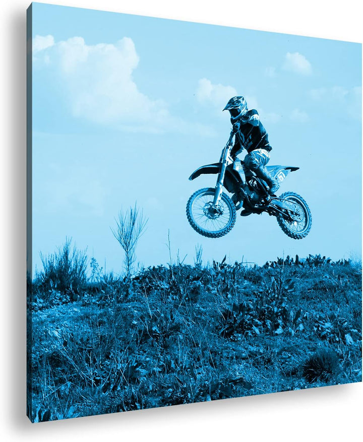 deyoli Motocross Fahrer im Sprung Format: 70x70 Effekt: Monocrome Blau als Leinwandbild, Motiv ferti
