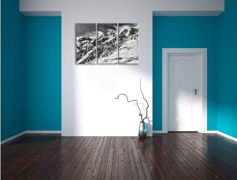 Pixxprint Monocrome, schneebedeckte Berggipfel 3-Teiler Leinwandbild 120x80 Bild auf Leinwand