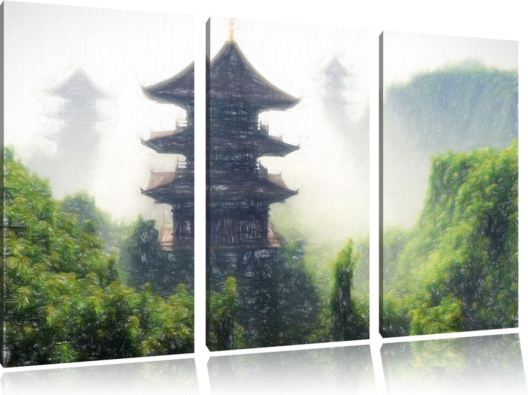 Pixxprint chinesische Häuser Kunst Buntstift Effekt 3-Teiler Leinwandbild 120x80 Bild auf Leinwand