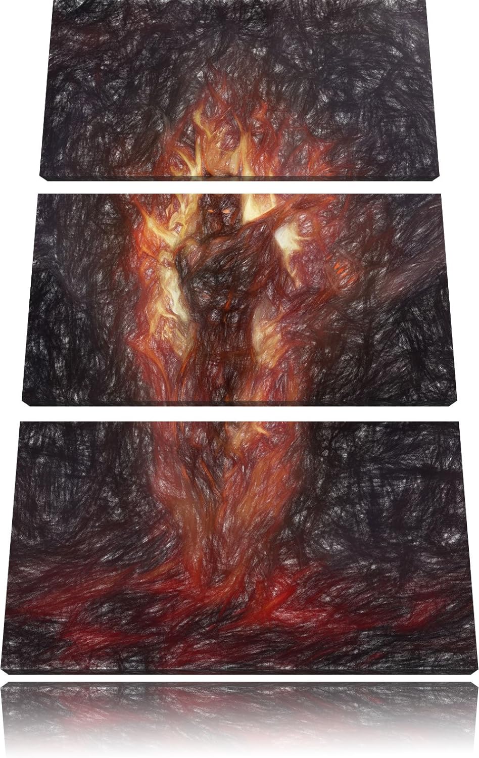 Pixxprint Verdunkelter Dämon des Feuers Kunst Buntstift Effekt 3-Teiler Leinwandbild 120x80 Bild auf